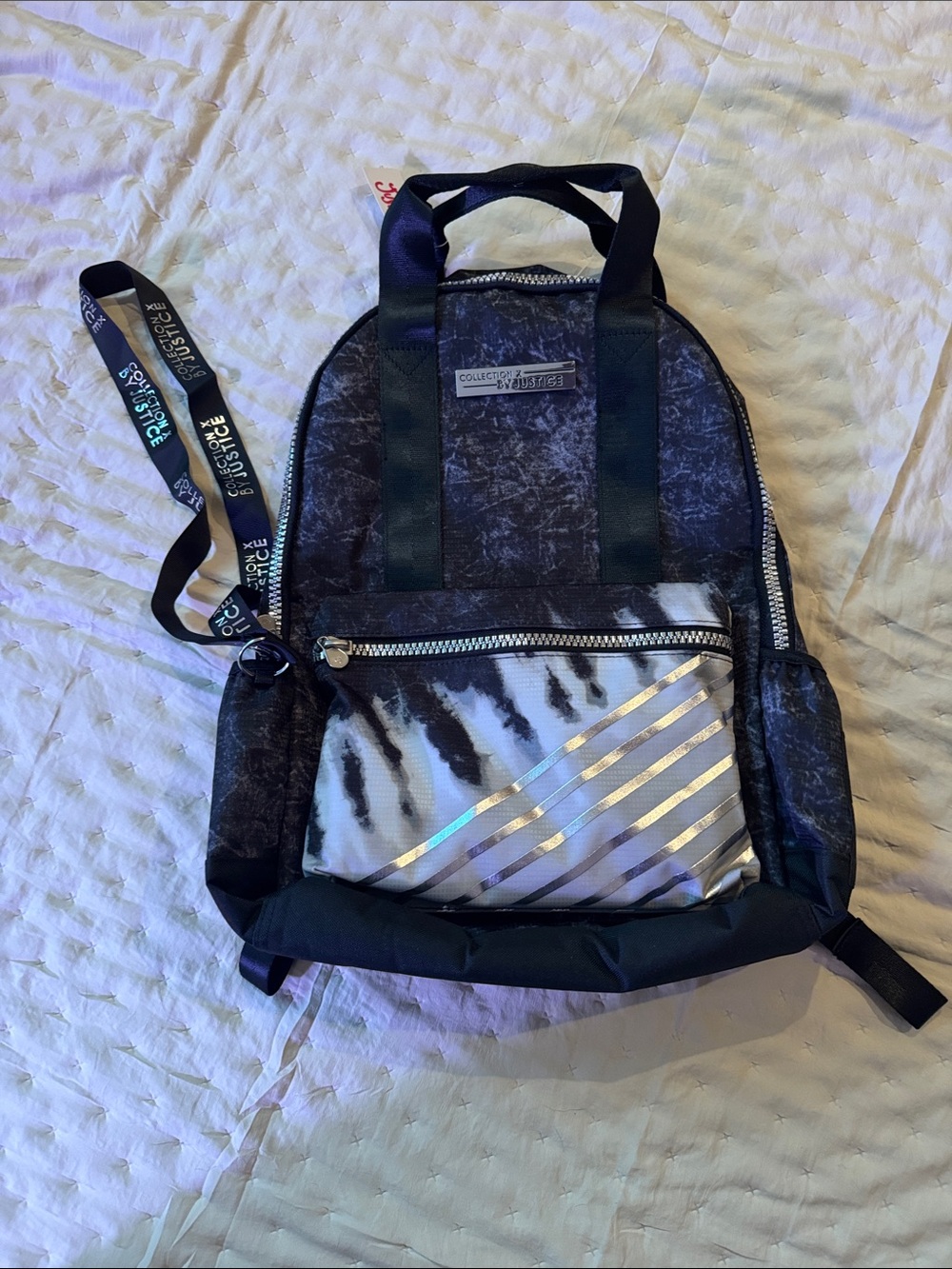 Girls Justice Black Backpack with Silver Metallic Striped Front Pocket